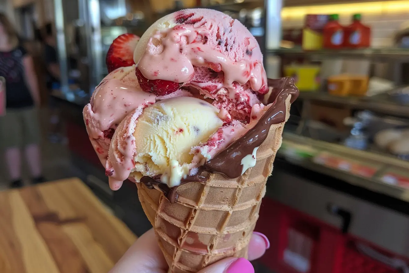 What is the name of the ice cream with vanilla chocolate and strawberry?