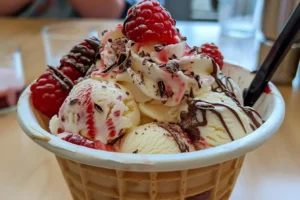 What is the name of the ice cream with vanilla chocolate and strawberry?