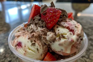 What is the name of the ice cream with vanilla chocolate and strawberry?